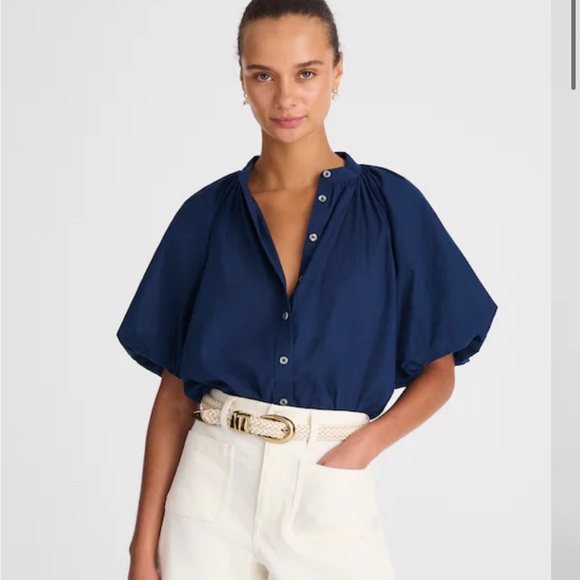 Madewell Tops - Women's Navy Button-Front Puff Sleeve Top